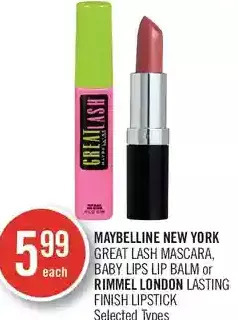 Shoppers Drug Mart Maybelline New York Great Lash Mascara, Baby Lips Lip Balm or Rimmel London Lasting Finish Lipstick offer