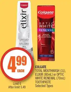 Shoppers Drug Mart Colgate Total Mouthwash, Elixir or Optic White Renewal Toothpaste offer