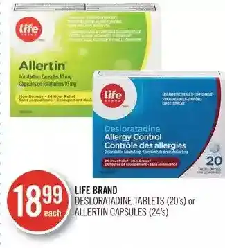 Shoppers Drug Mart Life Brand Desloratadine Tablets or Allertin Capsules offer