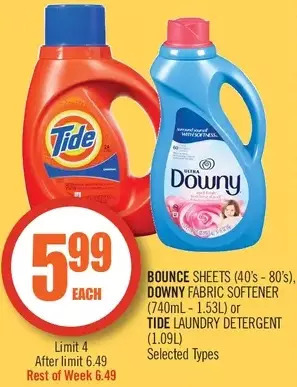Shoppers Drug Mart Bounce Sheets, Downy Fabric Softener or Tide Laundry Detergent offer
