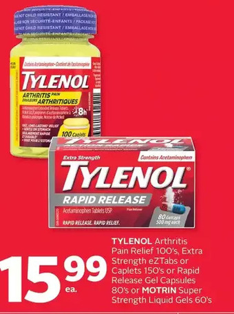 Rexall Tylenol Arthritis Pain Relief, Extra Strength Eztabs or Caplets or Rapid Release Gel Capsules or Motrin Super Strength Liquid offer
