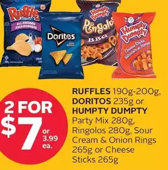 Rexall Ruffles, Doritos or Humpty Dumpty Party Mix, Ringolos, Sour Cream & Onion Rings or Cheese Sticks offer