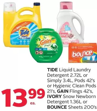 Tide Liquid Laundry Detergent or Simply, Pods or Hygienic Clean Pods, Gain Flings, Ivory Snow Newborn Detergent or Bounce She