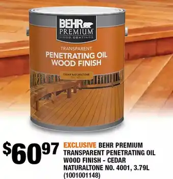 Home Depot Behr Premium Transparent Penetrating Oil Wood Finish - Cedar Naturaltone No. 4001, 3.79L offer