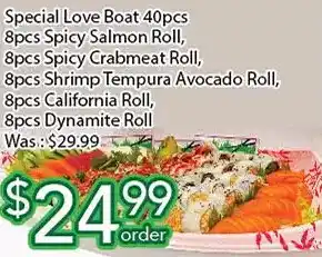Ample Food Market Speical Love Boat | Spicy Salmon Roll, Spicy Crabmeat Roll, Shrimp Tempura Avocado Roll, California Rolls, Dynamite Roll offer