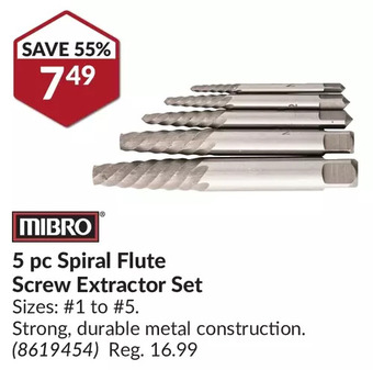 Princess Auto Mibro 5 pc Spiral Flute Screw Extractor Set offer