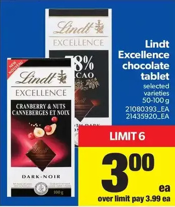 Real Canadian Superstore Lindt Excellence Chocolate Tablet offer