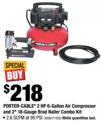 Home Depot Porter-Cable 2 HP 6-Gallon Air Compressor and 2" 18-Gauge Brad Nailer Combo Kit offer