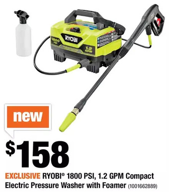 Home Depot Ryobi 1800 PSI, 1.2 GPM Compact Electric Pressure Washer with Foamer offer
