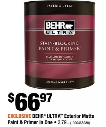 Home Depot Behr Ultra Exterior Matte Paint & Primer in One offer
