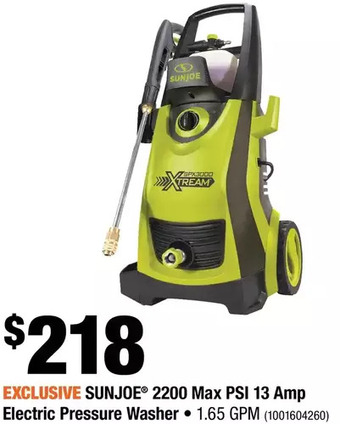 Home Depot Sun Joe 2200 Max PSI 13 Amp Electric Pressure Washer offer