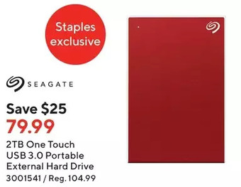 Staples Seagate 2TB One Touch USB 3.0 Portable External Hard Drive offer
