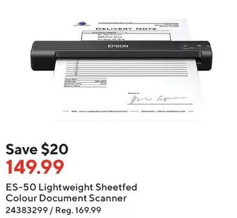 Staples Epson Es-50 Lightweight Sheetfed Colour Document Scanner offer