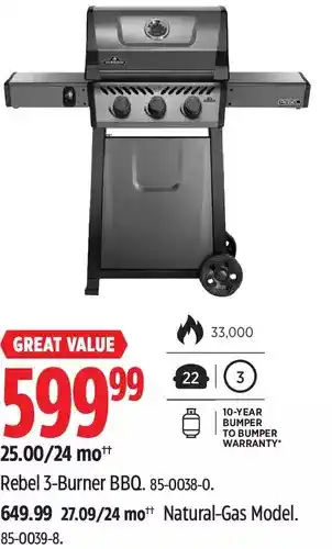 Canadian Tire Napoleon Rebel 3-Burner BBQ | Natural-Gas Model offer