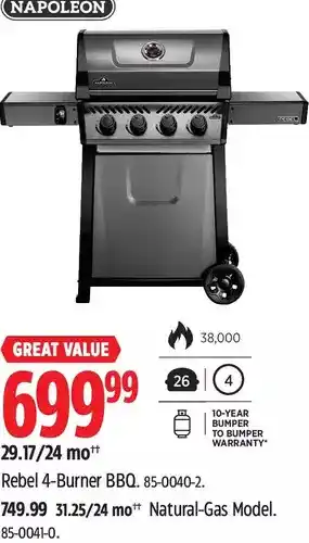 Canadian Tire Napoleon Rebel 4-Burner BBQ | Natural-Gas Model offer