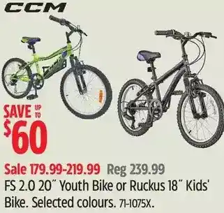 Canadian Tire CCM FS 2.0 20" Youth Bike or Ruckus 18" Kids' Bike offer