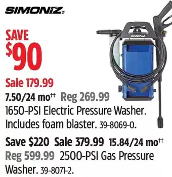 Canadian Tire Simoniz 1650-Psi Electric Pressure Washer | 2500-Psi Gas Pressure Washer offer
