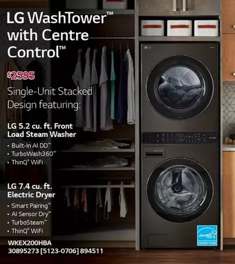 Lowe's LG WashTower with Centre Control. 5.2 Cu. Ft Front Load Steam Washer. 7.4 Cu. Ft. Electric Dryer offer