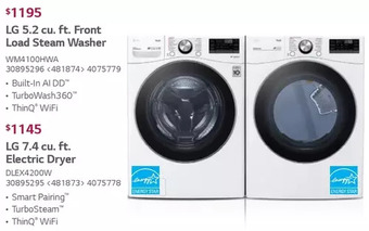 Lowe's LG 5.2 Cu. Ft. Front Load Steam Washer | 7.4 Cu. Ft. Electric Dryer offer
