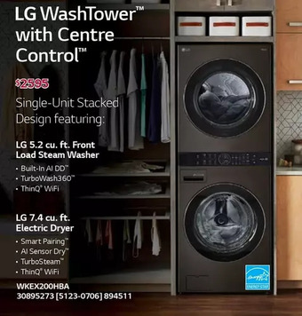RONA LG 5.2 Cu. Ft. Front Load Steam Washer | 7.4 Cu. Ft. Electric Dryer offer