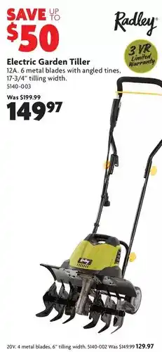 Home Hardware Radley Electric Garden Tiller: 4 Metal Blades, 6" Tilling Width | 6 Metal Blades with Angled Tines, 17-3/4" Tilling Width offer