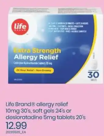 Independent Grocer Life Brand Allergy Relief, Soft Gels or Desloratadine Tablets offer