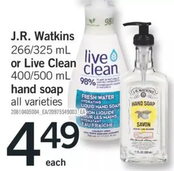Fortinos J.R Watkins or Live Clean Hand Soap offer