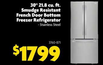 Home Hardware 30" 21.8 Cu. Ft. Smudge Resistant French Door Bottom Freezer Refrigerator offer