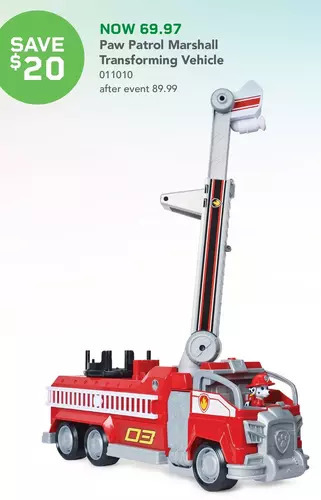 Toys R us PAW Patrol, Marshall's Transforming Movie City Fire Truck with Extending Ladder, Lights, Sounds and Action Figure offer