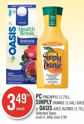 Shoppers Drug Mart PC Pineapple, Simply Orange Juice or Oasis Juice Blends offer