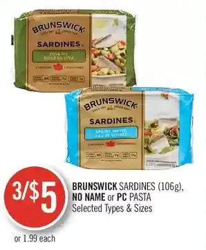 Shoppers Drug Mart Brunswick Sardines, No Name or PC Pasta offer