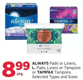 Rexall Always Pads or Liners, L. Pads, Liners or Tampons or Tampax Tampons offer