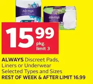 Rexall Always Discreet Pads, Liners or Underwear offer