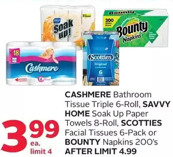 Rexall Cashmere Bathroom Tissue, Savvy Home Soak Up Paper Towels, Scotties Facial Tissues or Bounty Napkins offer
