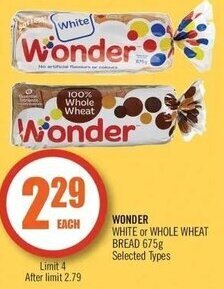 Shoppers Drug Mart Wonder White or Whole Wheat Bread 675g offer