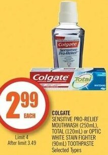 Shoppers Drug Mart Colgate Sensitive Pro-Relief Mouthwash (250ml), Total (120ml) or Optic White Stain Fighter (90ml) Toothpaste offer