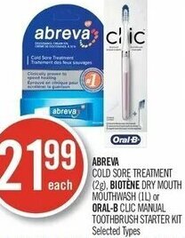 Shoppers Drug Mart Abreva Cold Sore Treatment (2g), Biotène Dry Mouth Mouthwash (1L) or Oral-B Clic Manual Toothbrush Starter Kit offer