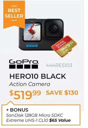 Henry's GoPro Hero10 Black Action Camera + Bonus SanDisk 128GB Micro SDXC Extreme UHS-1 CL10 offer