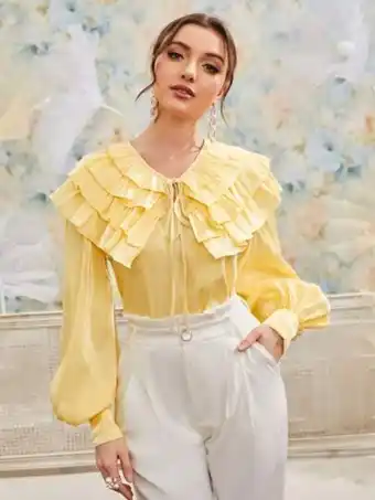 SheIn Shein layered ruffle trim tie neck blouse offer
