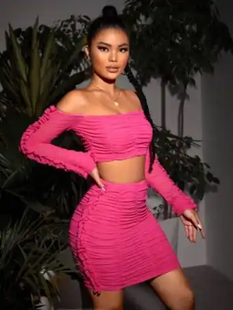 SheIn Off shoulder ruched frill trim crop tee & bodycon skirt offer