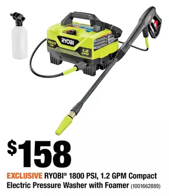 Home Depot Ryobi 1800 PSI, 1.2 GPM Compact Electric Pressure Washer with Foamer offer