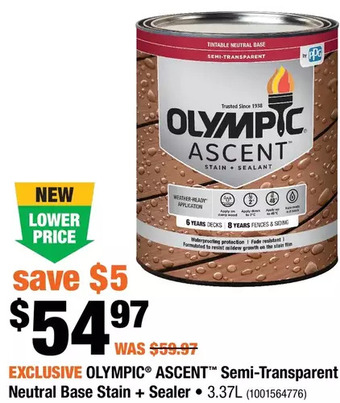 Home Depot Olympic Ascent Semi-Transparent Neutral Base Stain + Sealer offer