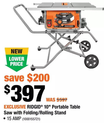 Home Depot Ridgid 10" Portable Table Saw with Folding/Rolling Stand offer