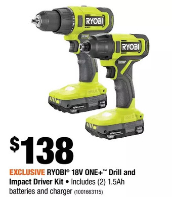 Home Depot Ryobi 18V One+ Drill and Impact Driver Kit offer
