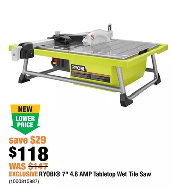 Home Depot Ryobi 7" 4.8 Amp Tabletop Wet Tile Saw offer