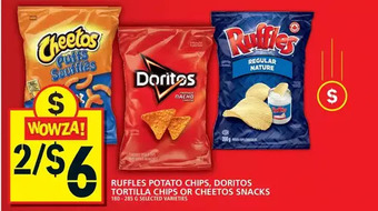 Food Basics Ruffles Potato Chips, Doritos Tortilla Chips or Cheetos Snacks offer