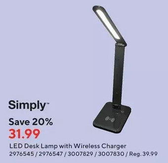 Staples Simply LED Desk Lamp with Wireless Charger offer