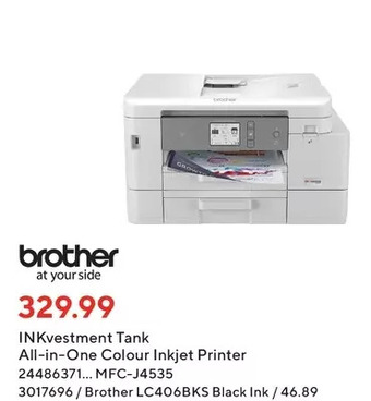 Staples Brother Inkvestment Tank All-in-One Colour Inkjet Printer offer
