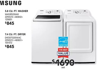 Lowe's Samsung 5.8 Cu. Ft. Washer | 7.4 Cu. Ft. Dryer offer