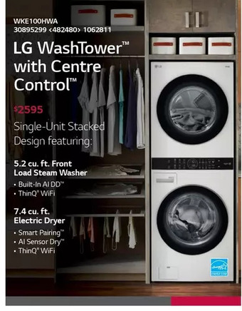 Lowe's LG Washtower with Centre Control 5.2 Cu. Ft. Front Load Steam Washer | 7.4 Cu. Ft. Electric Dryer offer
